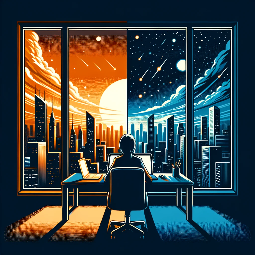 Person at desk facing large windows showing dual day-and-night cityscape with stars and clouds.
