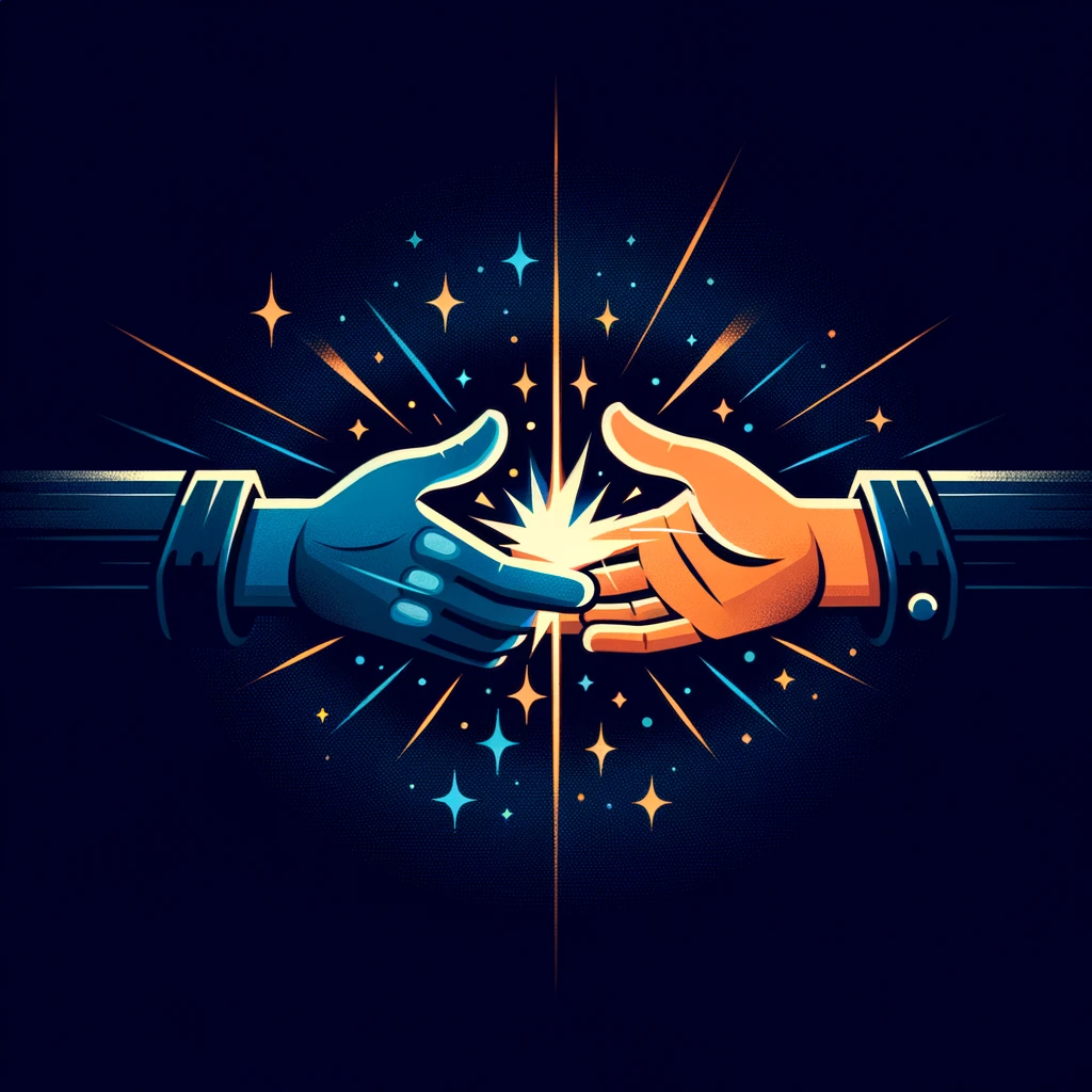 Two hands — one blue, one orange — reaching toward each other with sparkling light between them.
