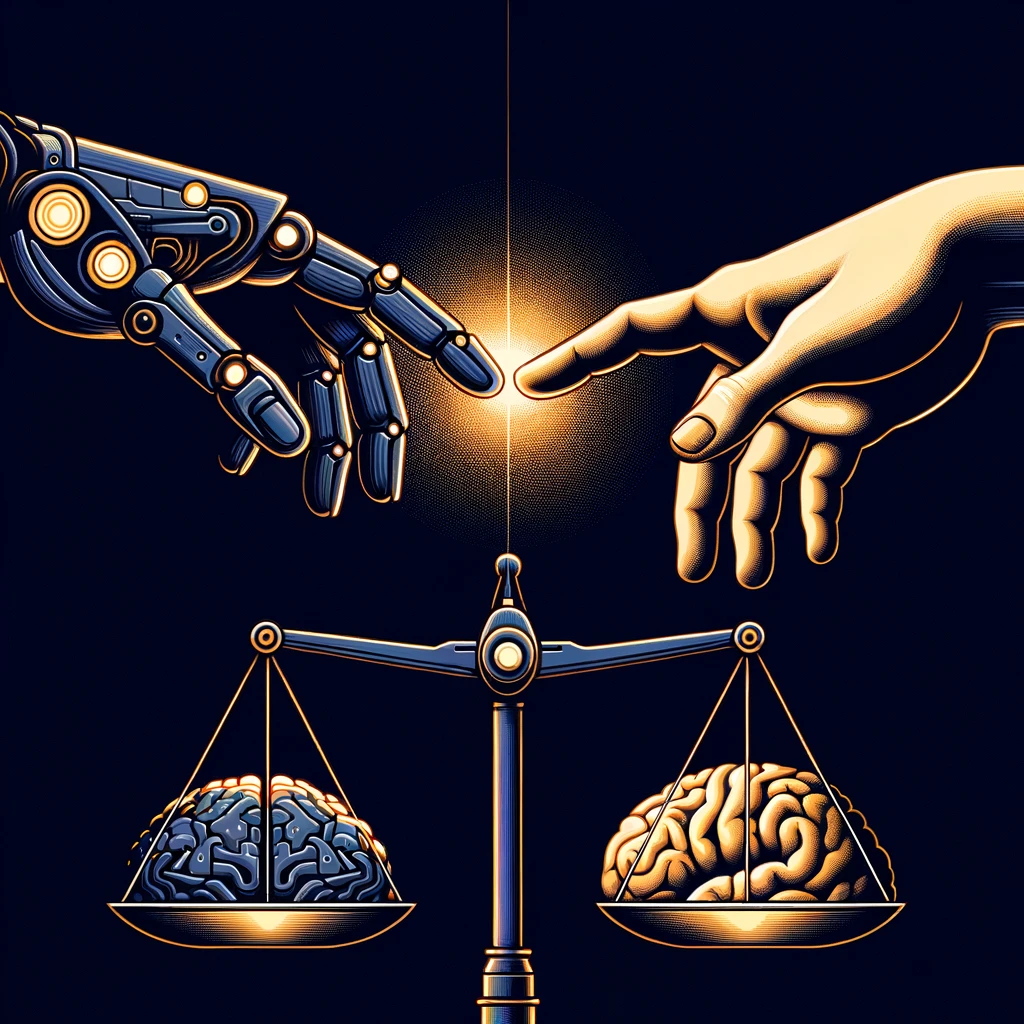 Robotic and human hands nearly touching above balanced scales holding two brains.