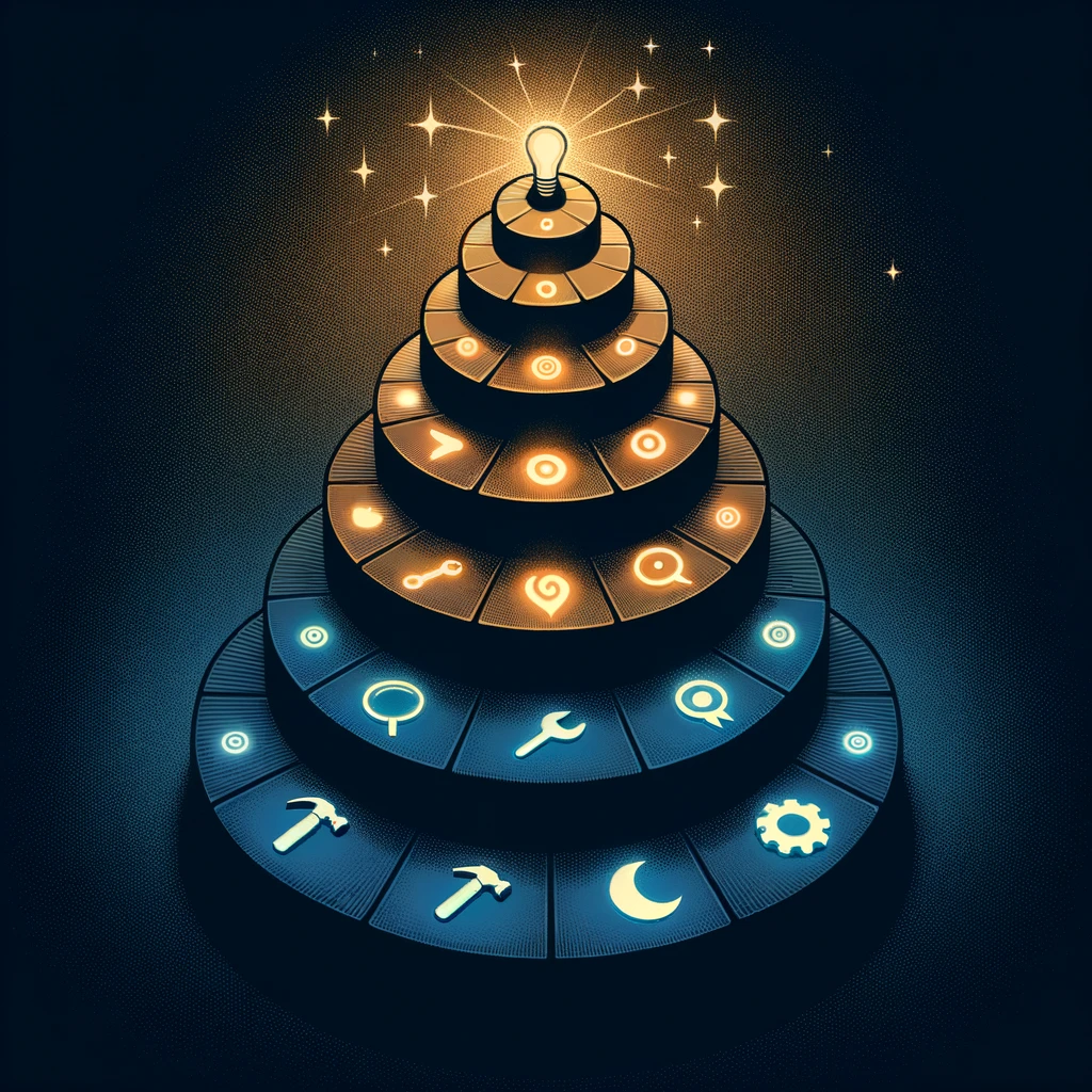 Glowing tiered pyramid with tools, gears, and icons on dark background.