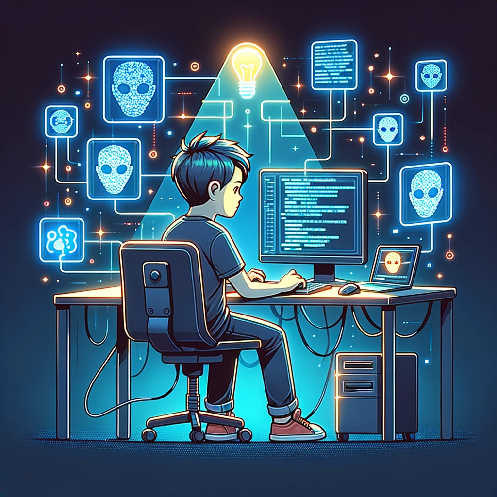 A boy sits at a desk with computers, surrounded by glowing skull icons and a light bulb.