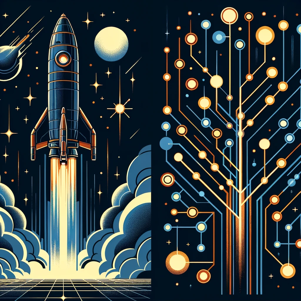 Split illustration: rocket launching left, glowing circuit tree pattern right, dark blue background.