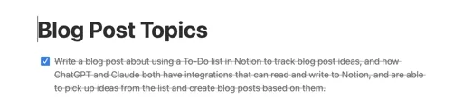 Notion page showing a checked blog post topics to-do item