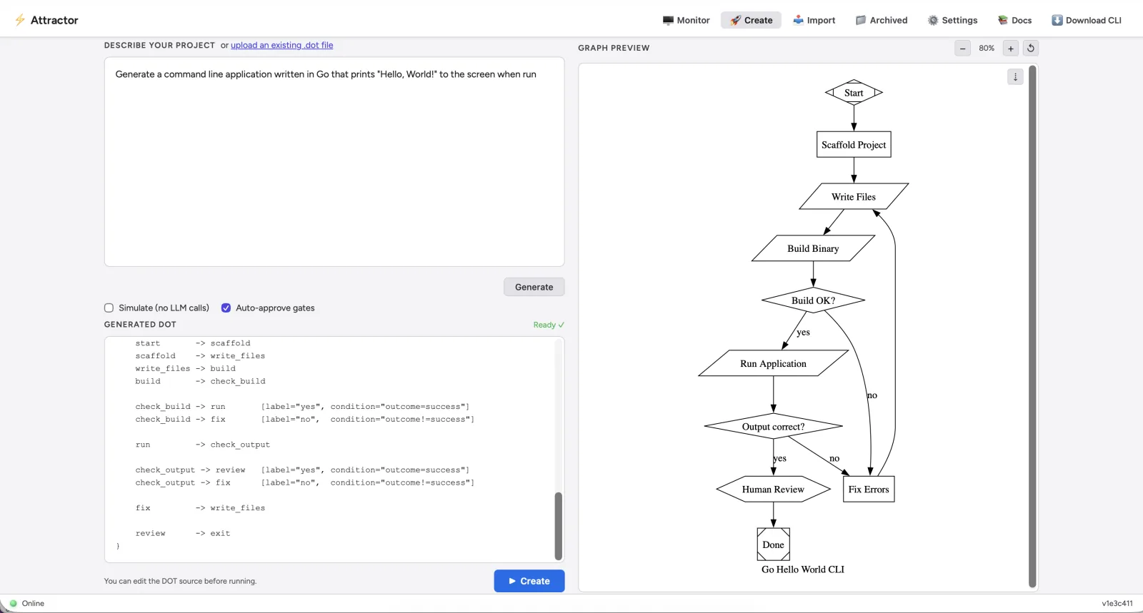 Attractor web dashboard Create view showing a natural language project description, generated DOT source, and a live graph preview of a Go Hello World CLI pipeline