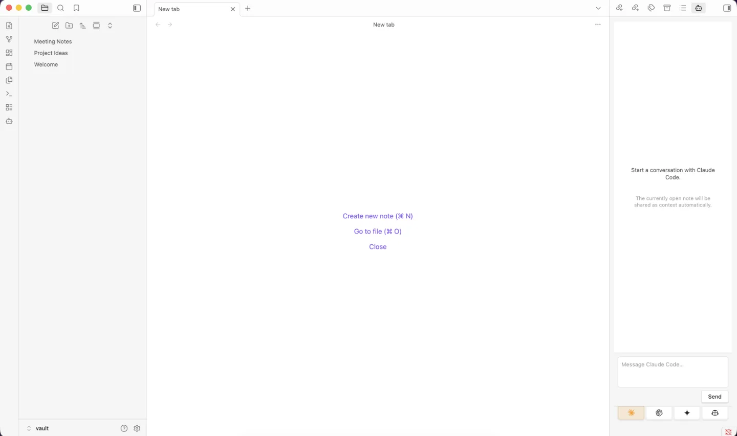 Obsidian window with the AI Agent Sidebar open on the right, showing a Claude Code chat panel and a note about auto-shared context.