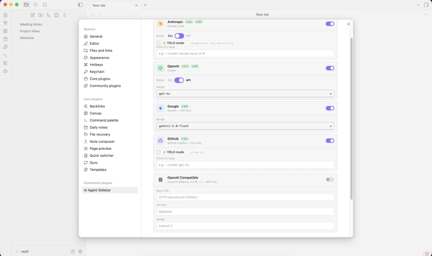 Obsidian plugin settings panel listing Anthropic, OpenAI, Google, GitHub, and OpenAI Compatible providers with CLI and API mode toggles for each.
