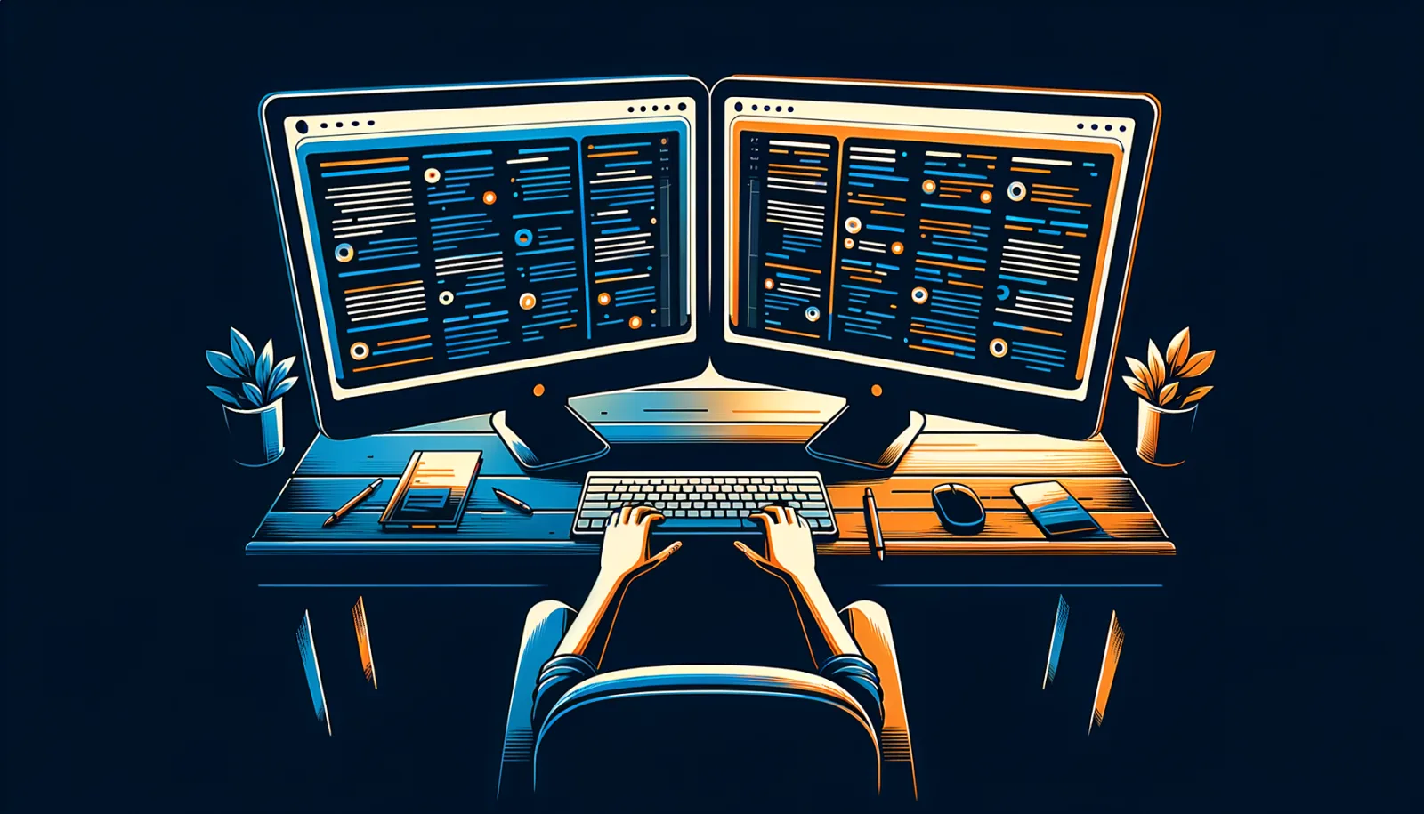 Person typing at a dual-monitor desk setup displaying colorful code, viewed from behind.
