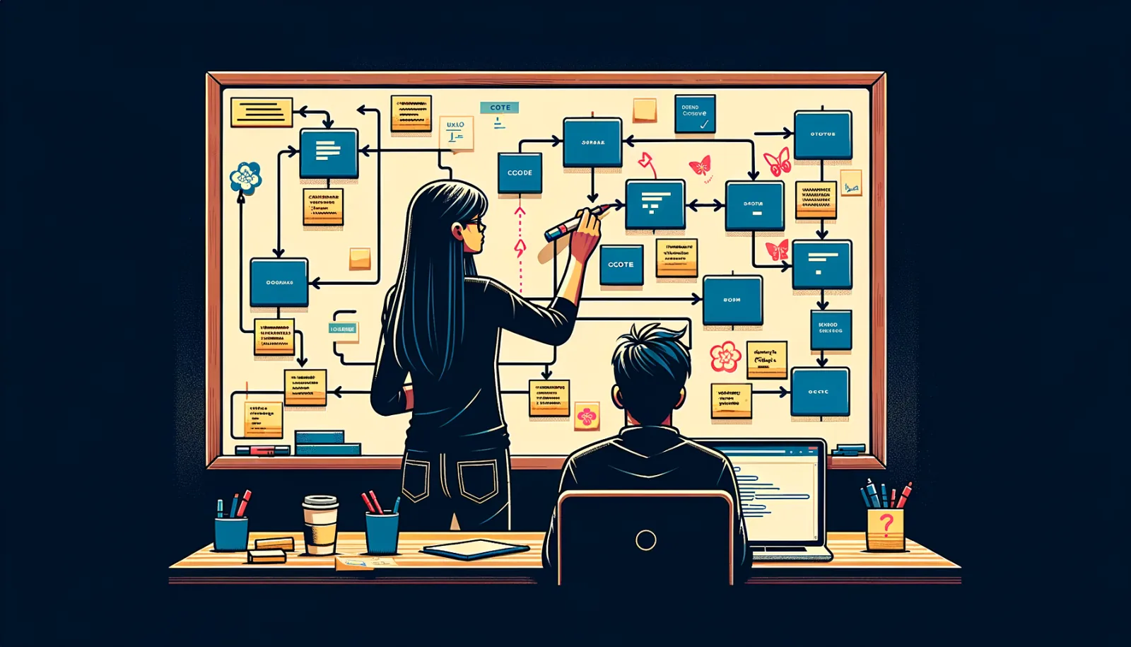 Two people working at a desk studying a flowchart diagram on a board.