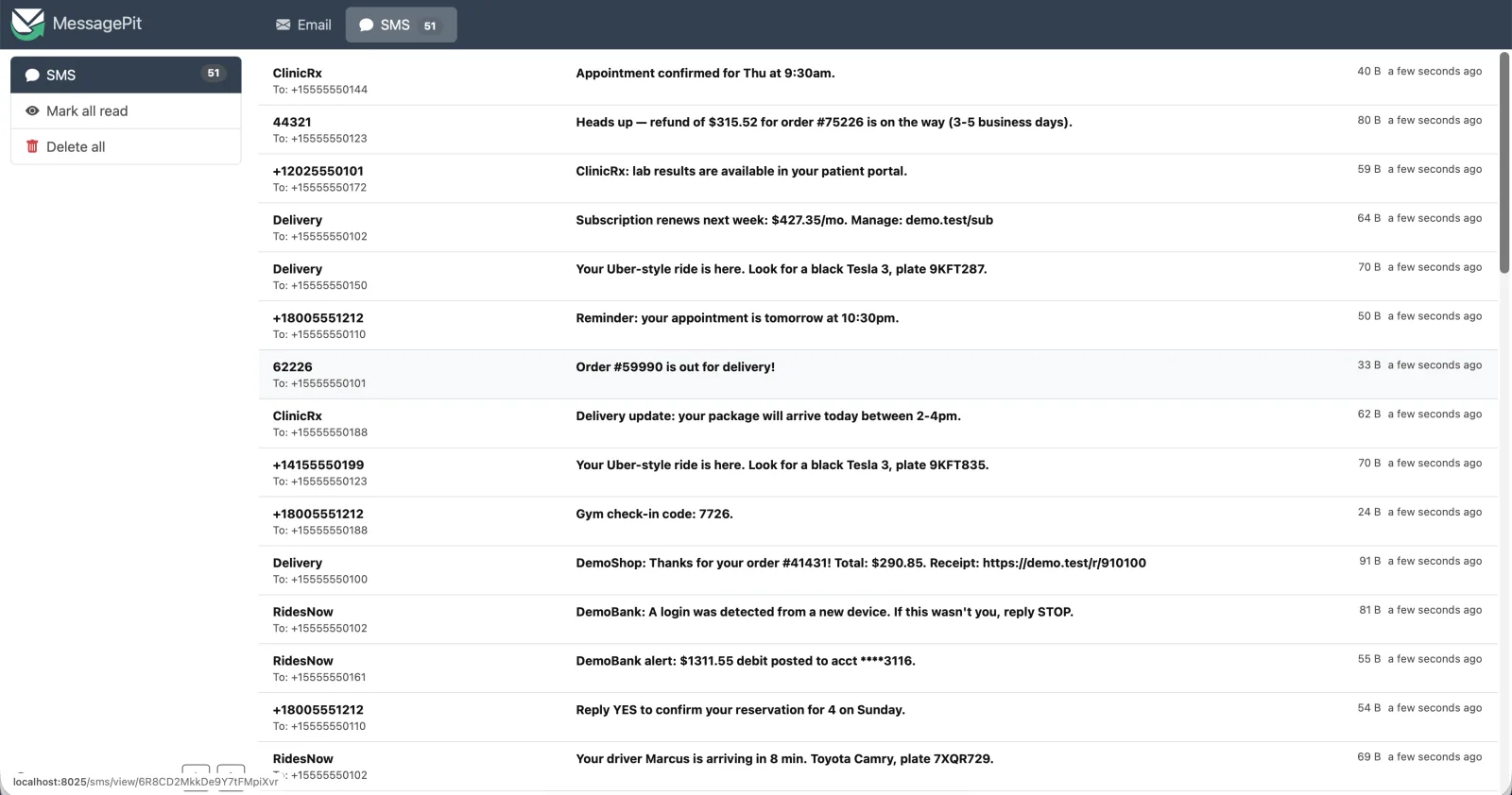 MessagePit web UI showing the SMS inbox tab with around twenty test messages from senders like ClinicRx, RidesNow, DemoBank, and Delivery.